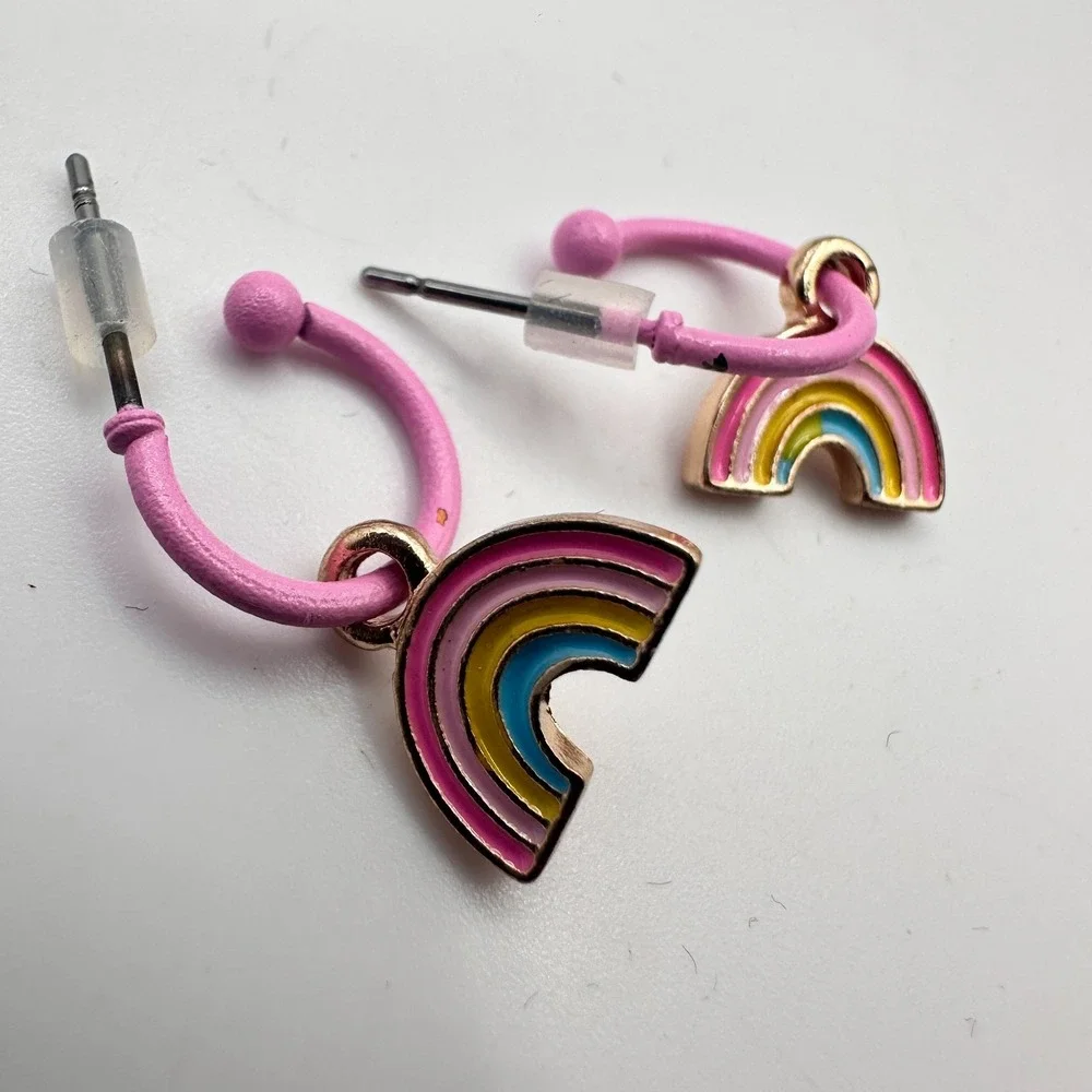 Vintage 90s Rainbow Hoop Earrings Pink Enamel Gold Tone Dangle Fashion Jewelry